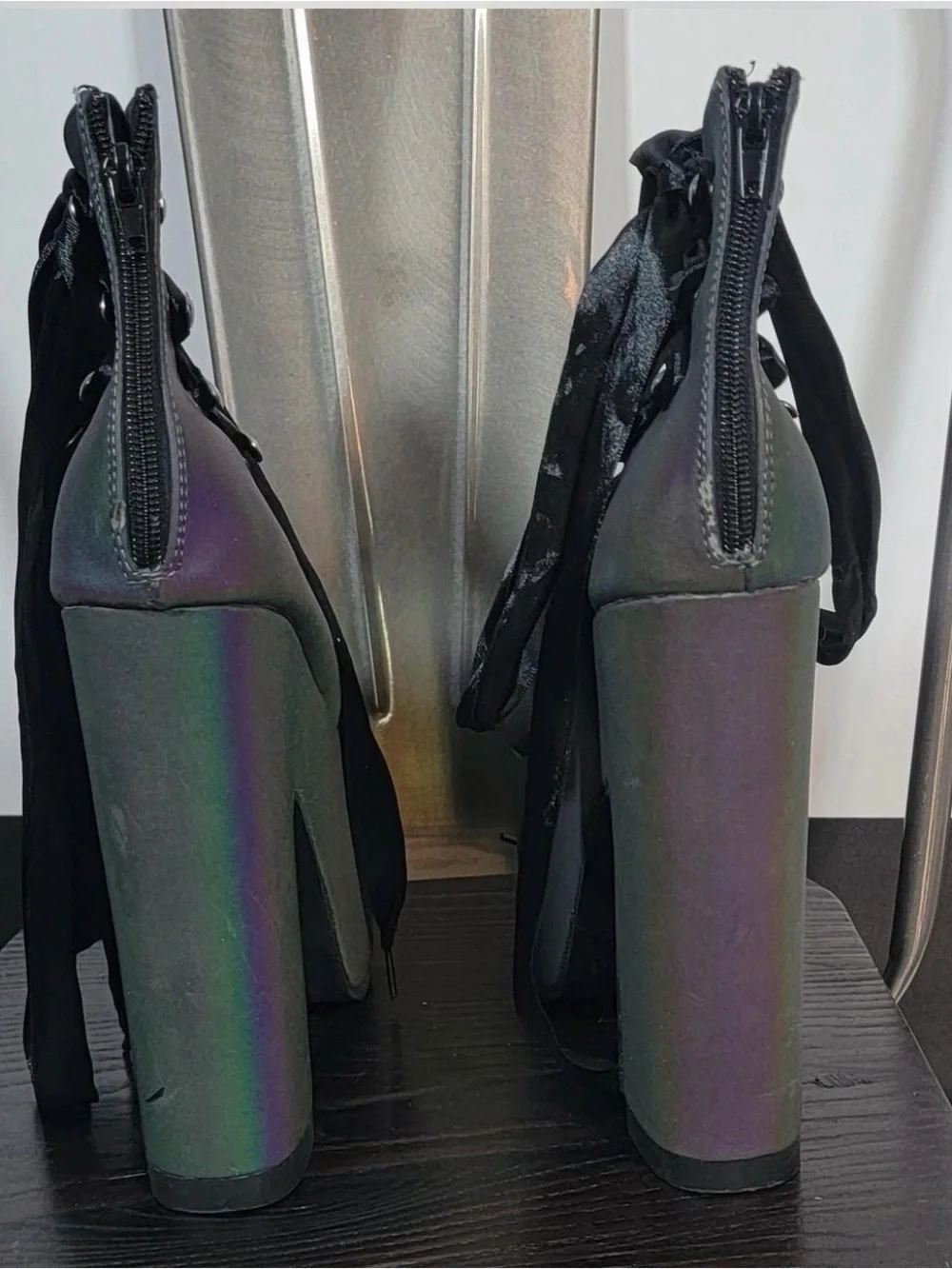 YRU Size 11Iridescent Black Lace-Up Platform Heels for Women